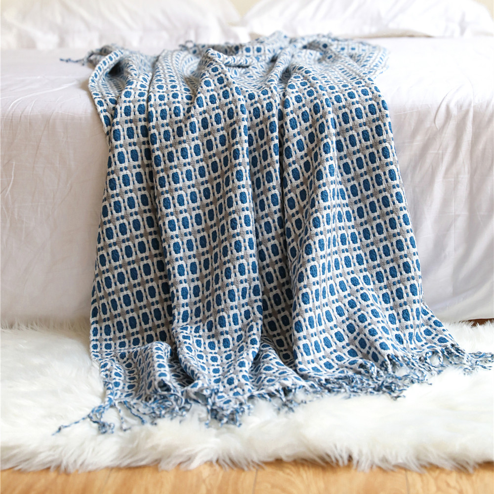 Textile City Nordic Simplicity Knitted Checkered Throw Blanket Plaid Navy Blue Tassels Sofa Sheet for Spring Autumn 130x240cm alx