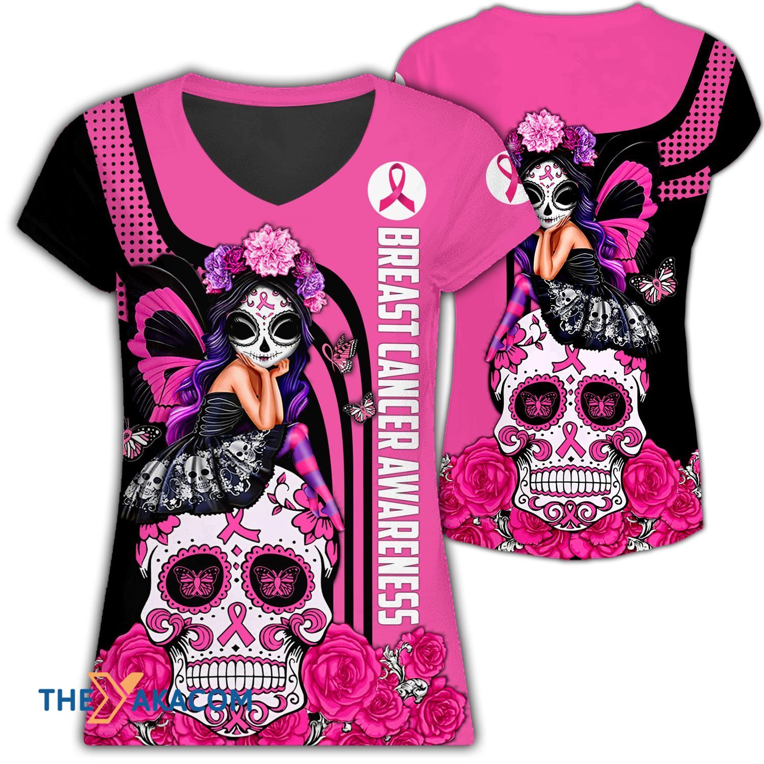 Fight Like A Girl Ribbon Pink Breast Cancer Awareness All Over Print Woman V Neck Shirt