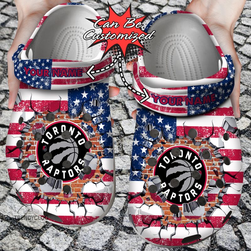 Basketball Personalized TRaptors American Flag Breaking Wall Clog Shoes