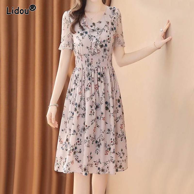 Summer New Oversize Chiffon Dress V-neck Floral Print Short Sleeve Empire A-line Skirt Summer Young Style Women Clothing 2022 alx