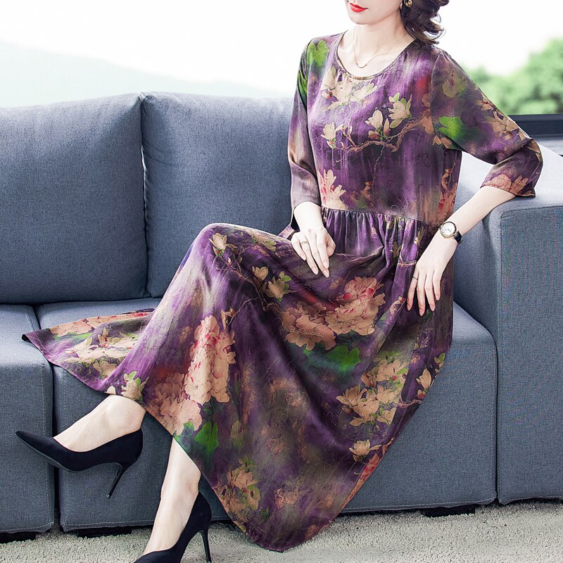 Women Casual Floral Mulberry Silk Loose Midi Dress 2022 Summer Vintage 4XL Plus Size Print Dress Elegant Bodycon Party Vestidos alx