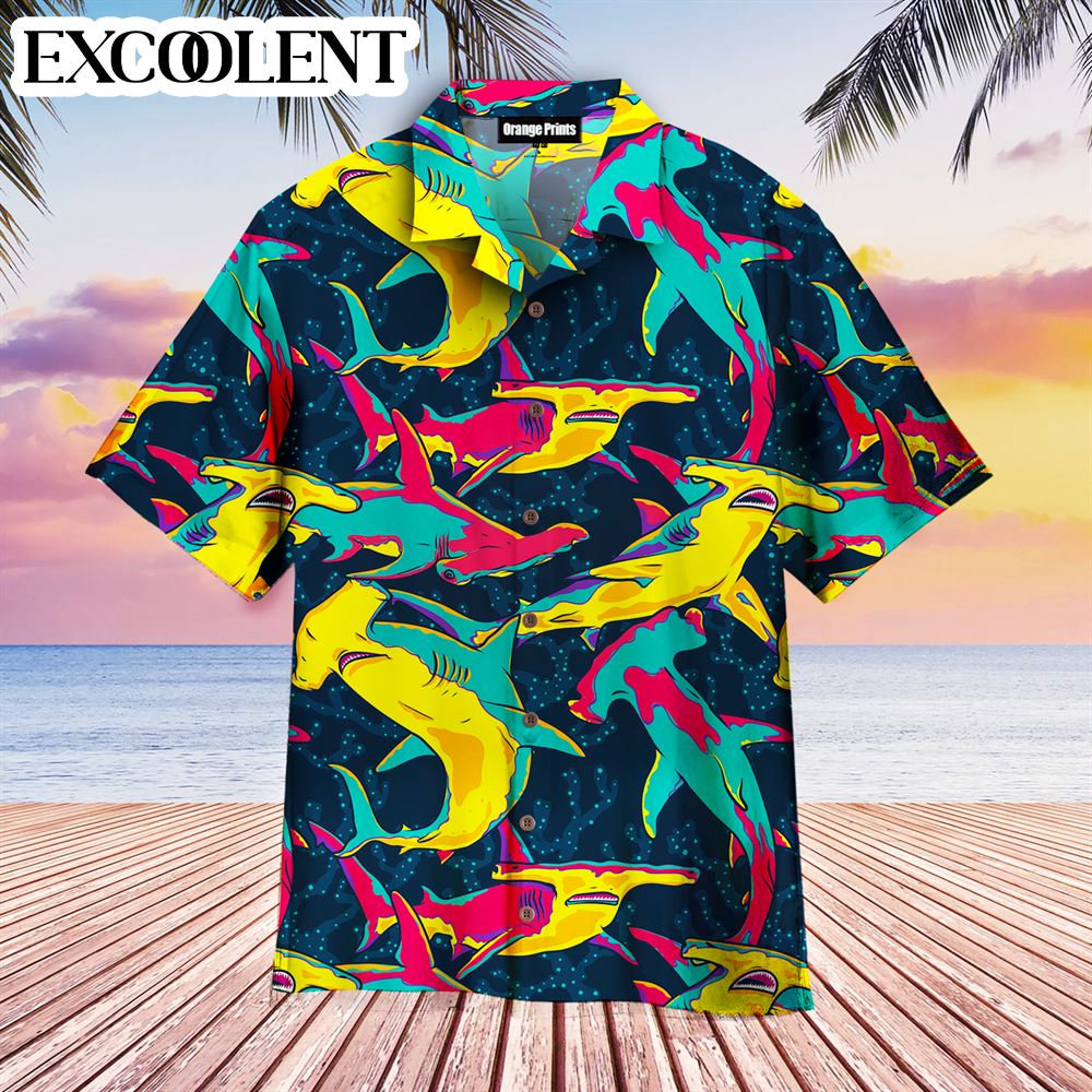 Colorful Hammerhead Shark Aloha Hawaiian Shirts – Funny Hawaiian Shirts – Mens Aloha Shirt