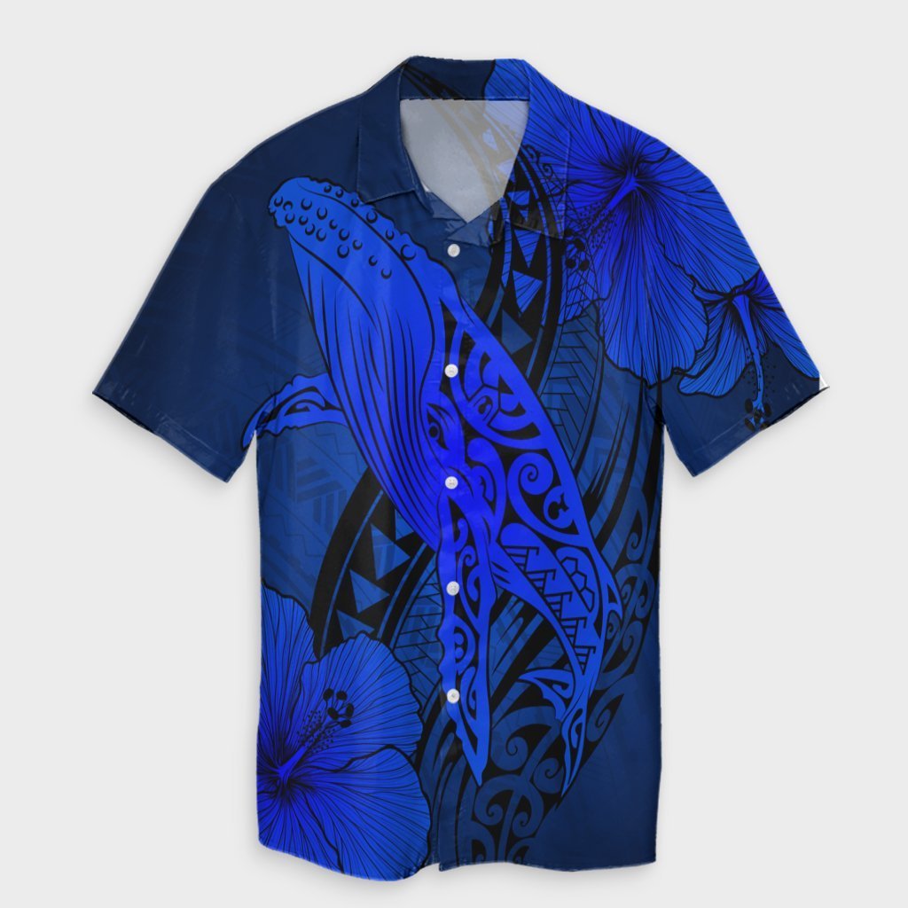 Hawaiian Map Whale Swim Hibiscus Polynesian Hawaiian Shirt – Blue