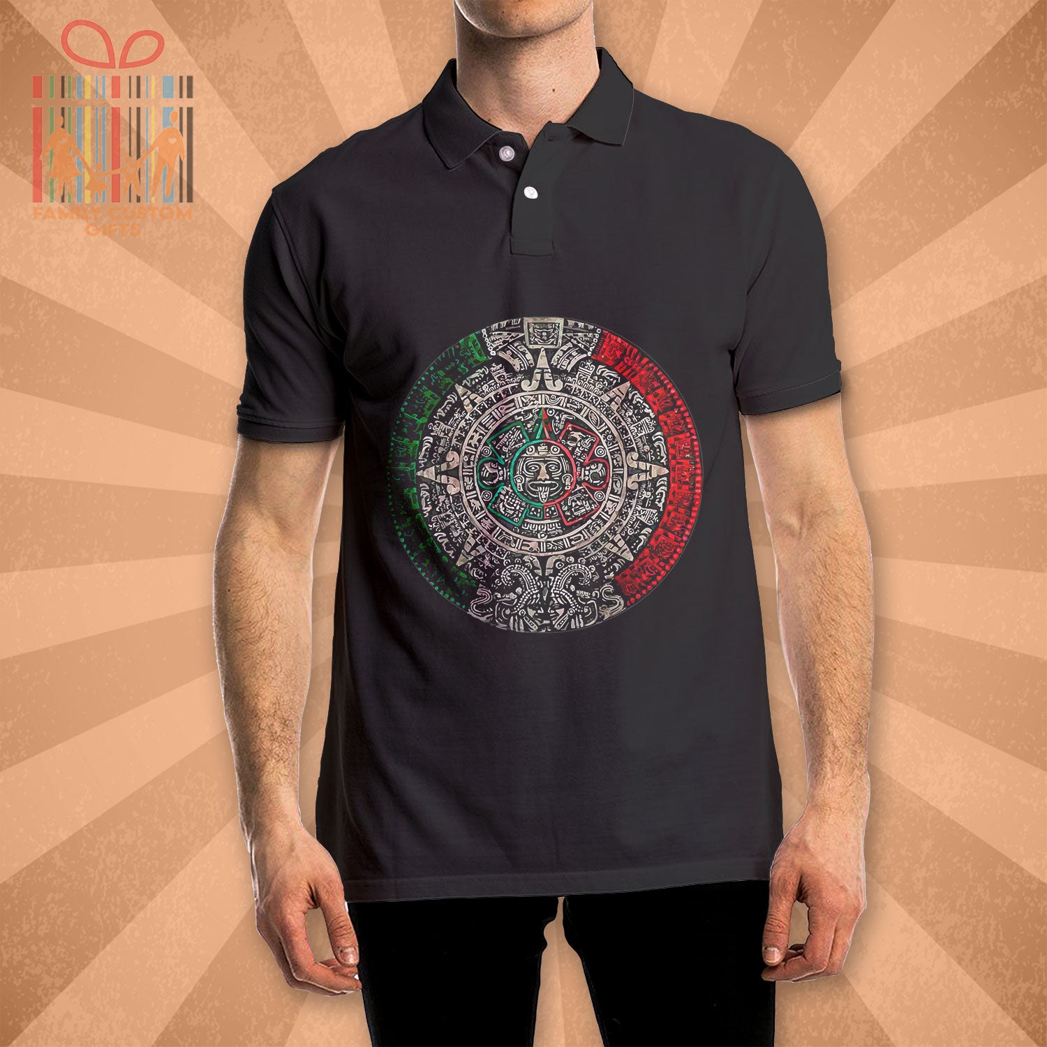 Aztec Calendar Sun Stone Mexican Art Carving Maya Mayans Polo Shirts For Men