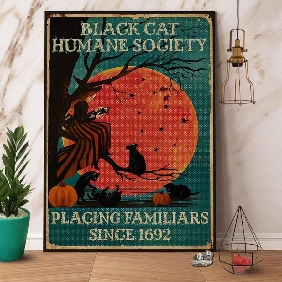 Retro teal witch black cat humane society Halloween paper poster no frame/ wrapped canvas wall decor full size