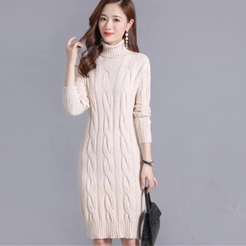 Winter Dress Women Turtleneck Slim Yellow Purple Long Sleeve Tops Korean knitting Sweater Fashion Thick Sweaters Dresses Female alx