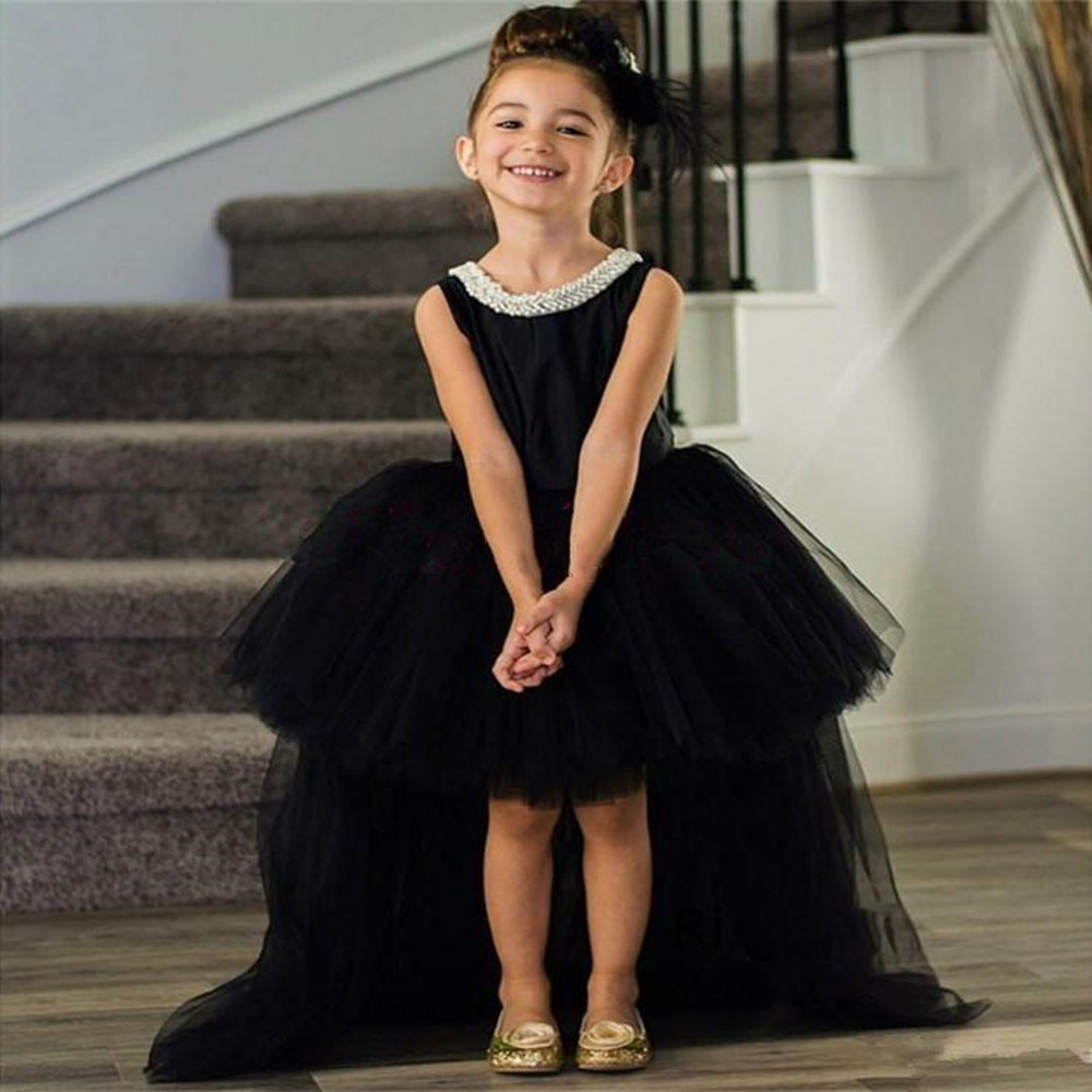 Black High Low Girls Pageant Dresses Jewel Backless Beads Bow Puffy Flower Girl Dress Child Birthday Party Gowns Kids Cosplay W alx