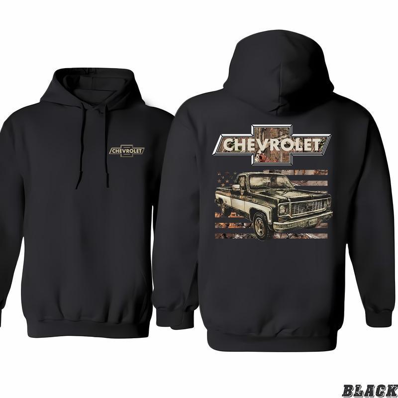 Chevy Camo Flag 2 Sided Hoodie/T-Shirt/sweatshirt for Men and Women, Gift for Him or Her Cotton Graphic Tee with Split Design, Casual Style Clothing Menswear