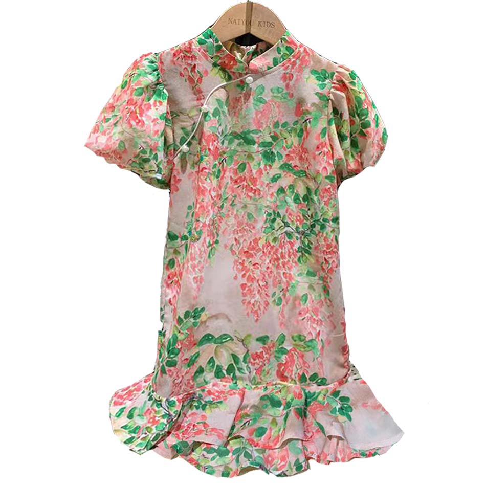 Summer Girl Dress Fashion Floral Qipao Baby Child Ruffles Cheongsam Chinese Traditional Costume Kids School Day Outfits New alx