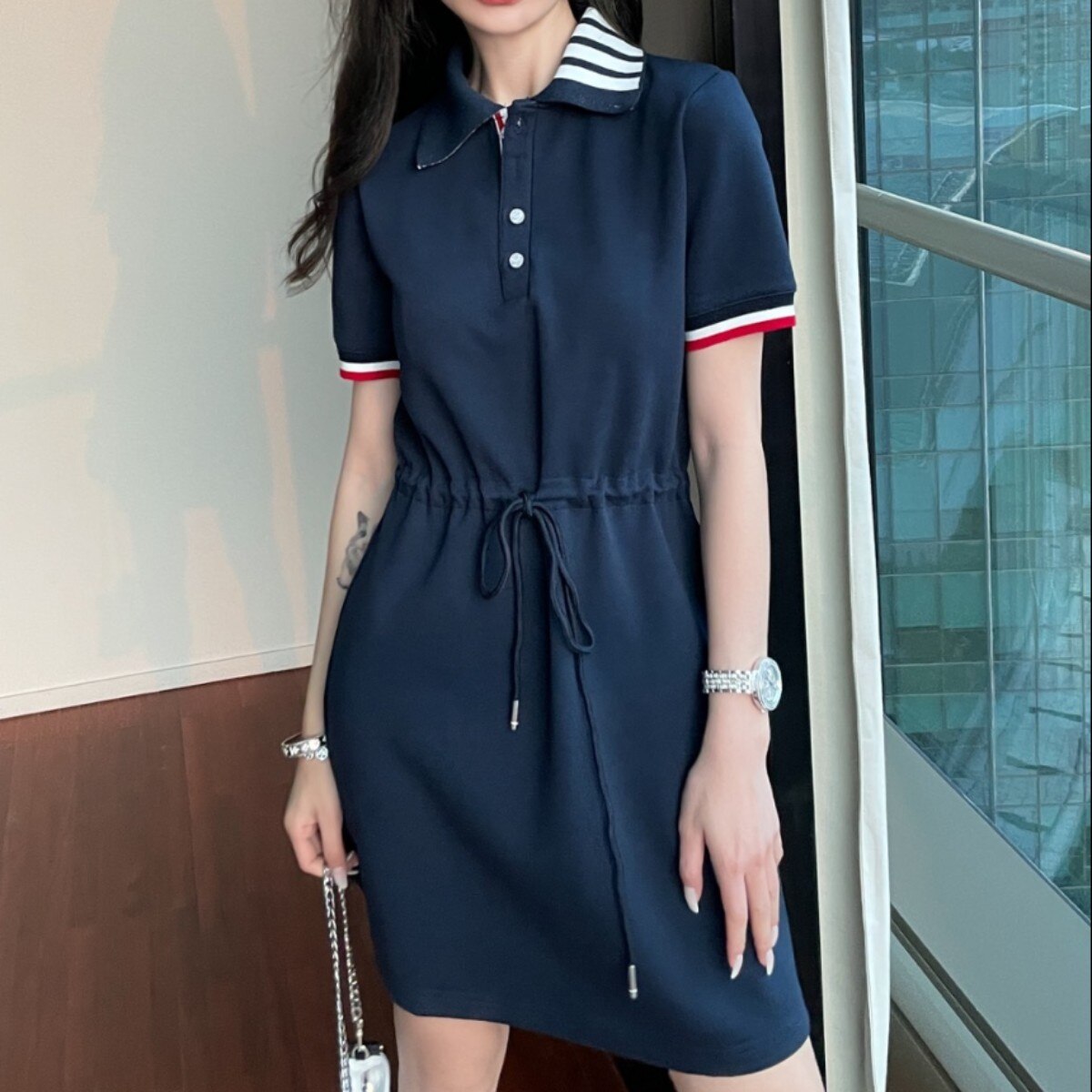 tb cotton POLO collar dress women’s short-sleeved waist skirt slim fit sexy package hip skirt skirt alx