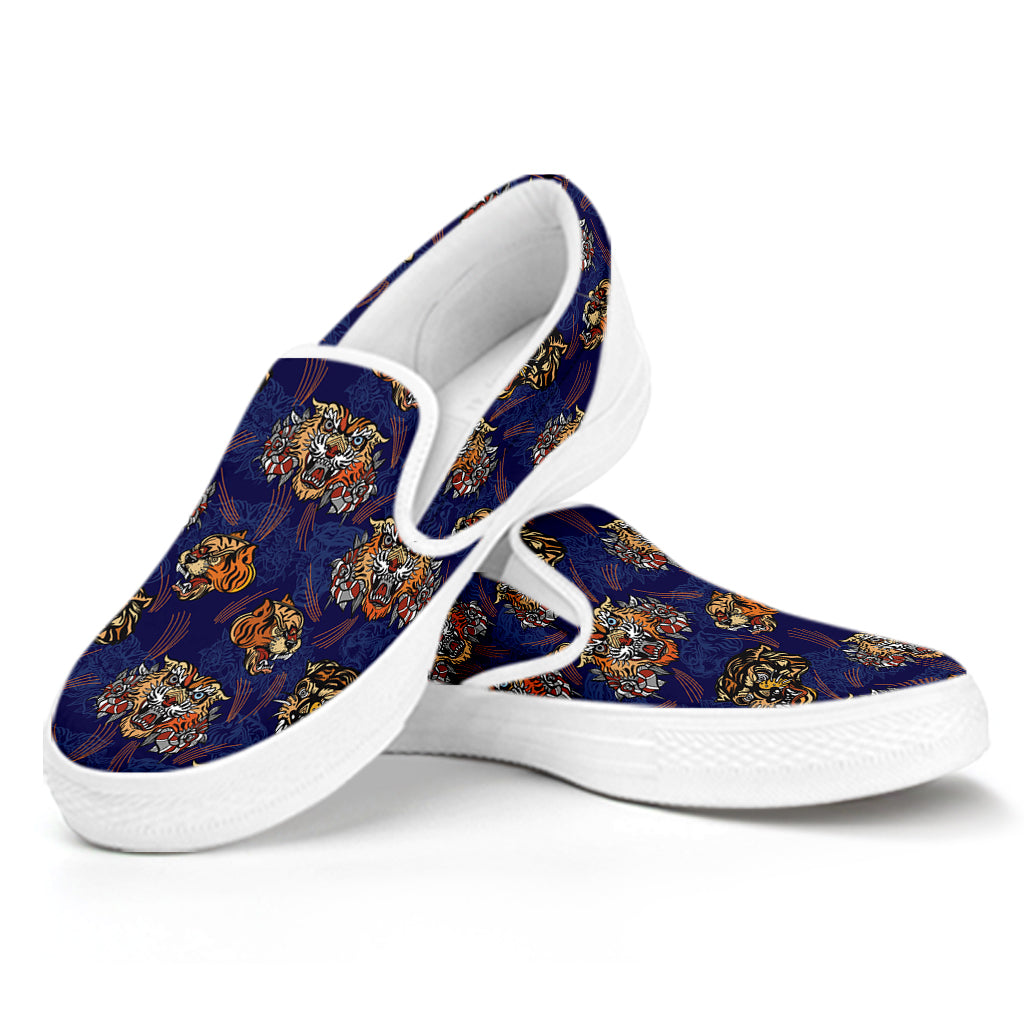 Blue Tiger Tattoo Pattern Print White Slip On Shoes