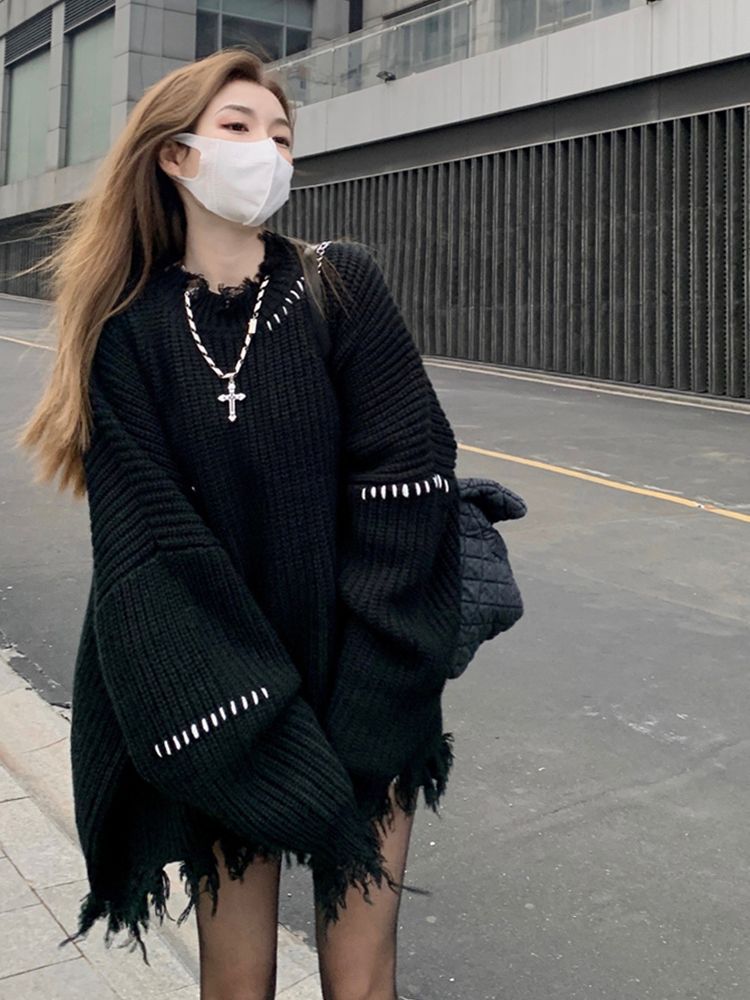 Tassels Black Ripped Sweater Women Vintage Oversized Casual Loose O Neck Knit Pullover Tops Autumn Winter Korean Fashion Jumpers alx