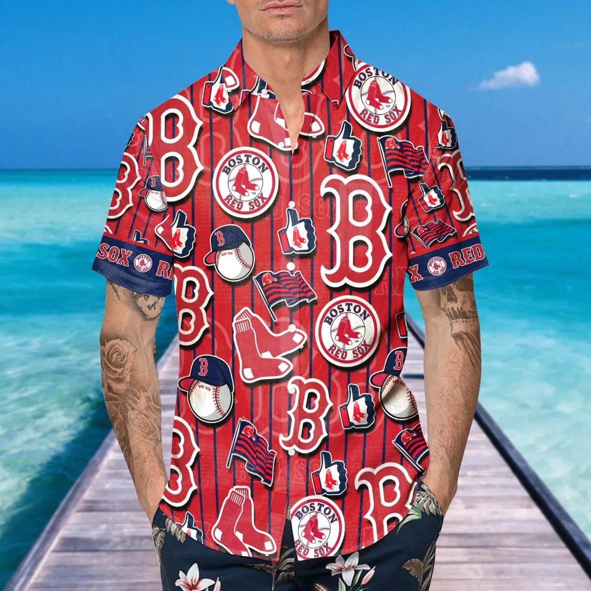 Boston Red Sox Pinstripe Logo Hawaiian Shirt For Fans