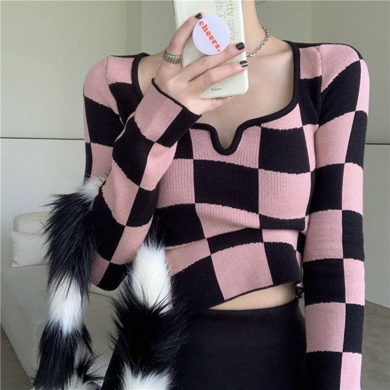 Y2K Korean Style Plaid Pink Cropped Sweater Womens Harajuku White Knitted Crewneck Jumper Pullover Female Slim Sexy Top alx