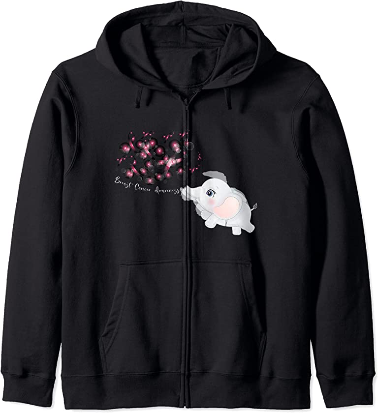 Breast Cancer Awareness Ribbon Elephant Warrior Survivor Zip Hoodie