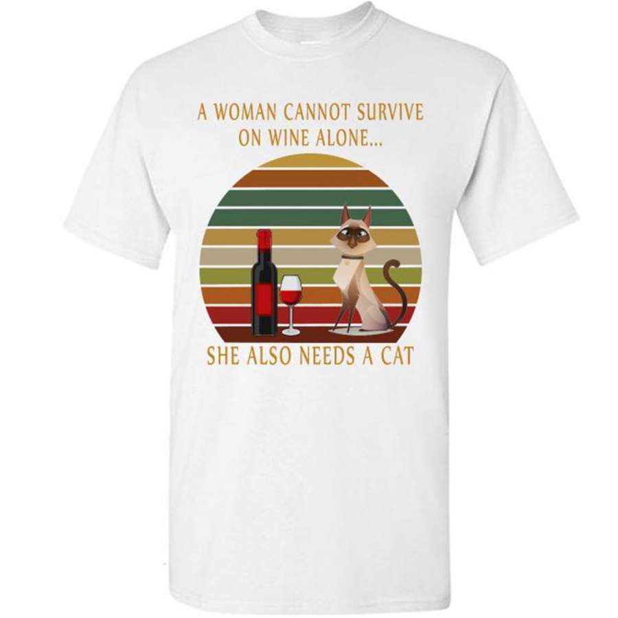 A Woman Cannot Survive On Wine Alone She Also needs A Cat, Cat and Wine Lover, Classic Vintage Retro Design – Gildan Short Sleeve Shirt