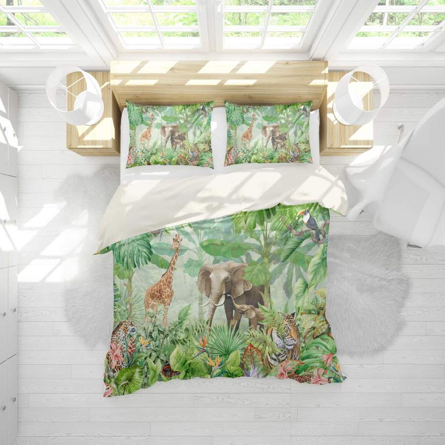 3D Green Jungle Animal Tiger Giraffe Elephant Leopard Quilt Cover Set Bedding Set Pillowcases 23