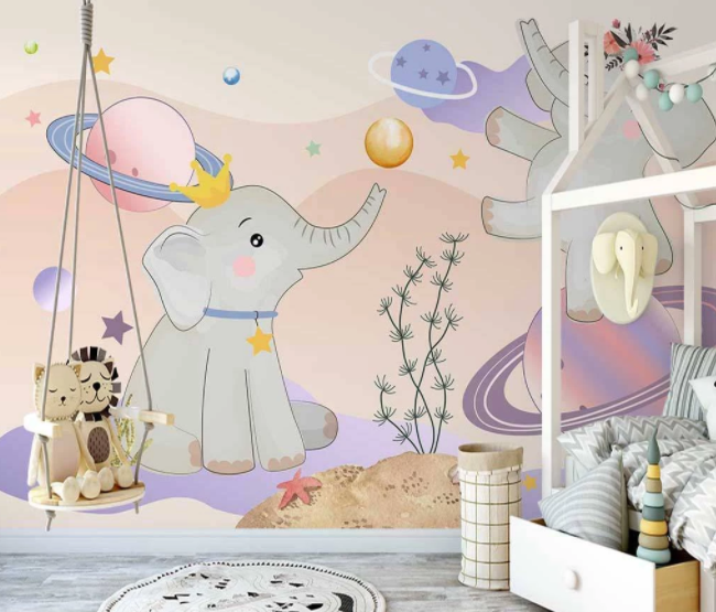 3D Cartoon Space Star Planet Elephant Animal Wall Mural Wallpaper Lxl