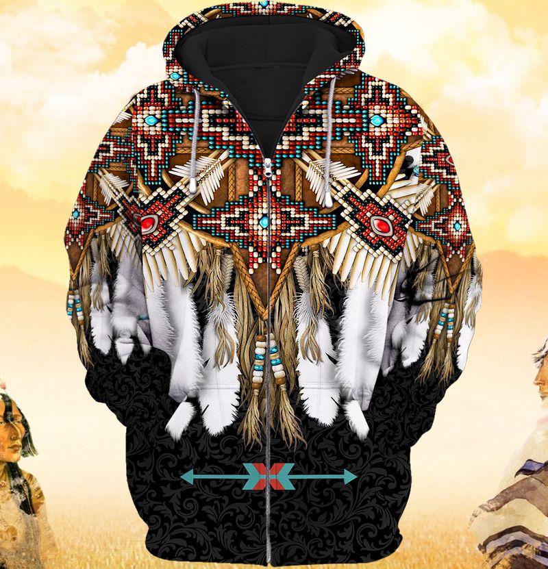 Native American Pattern Black 3D Zipper Hoodie