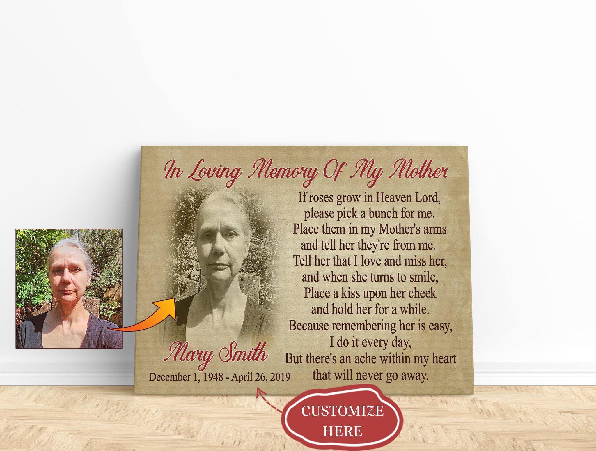 [Personalized Name, Date & Photo] In Loving Memory Of Mother In Heaven Gift For Family Home Decor Wall Art Canvas Memorial Home Decor