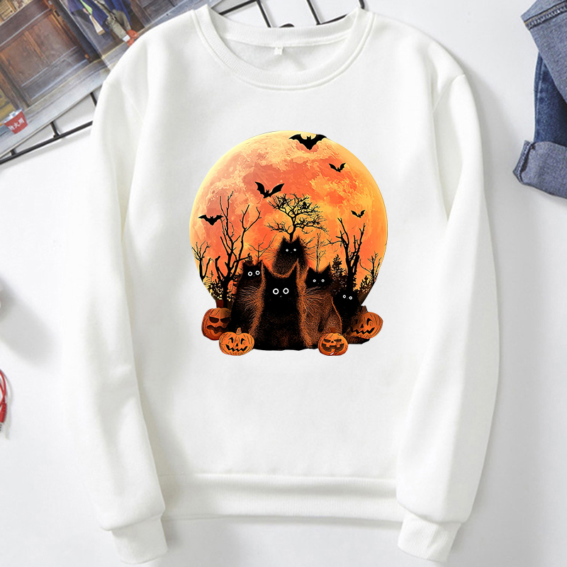 Women Autumn Fashion Pullovers Long Sleeves Female Winter Hoodies Halloween Moon Black Cat Print Ladies Loose O-Neck Sweatshirts alx