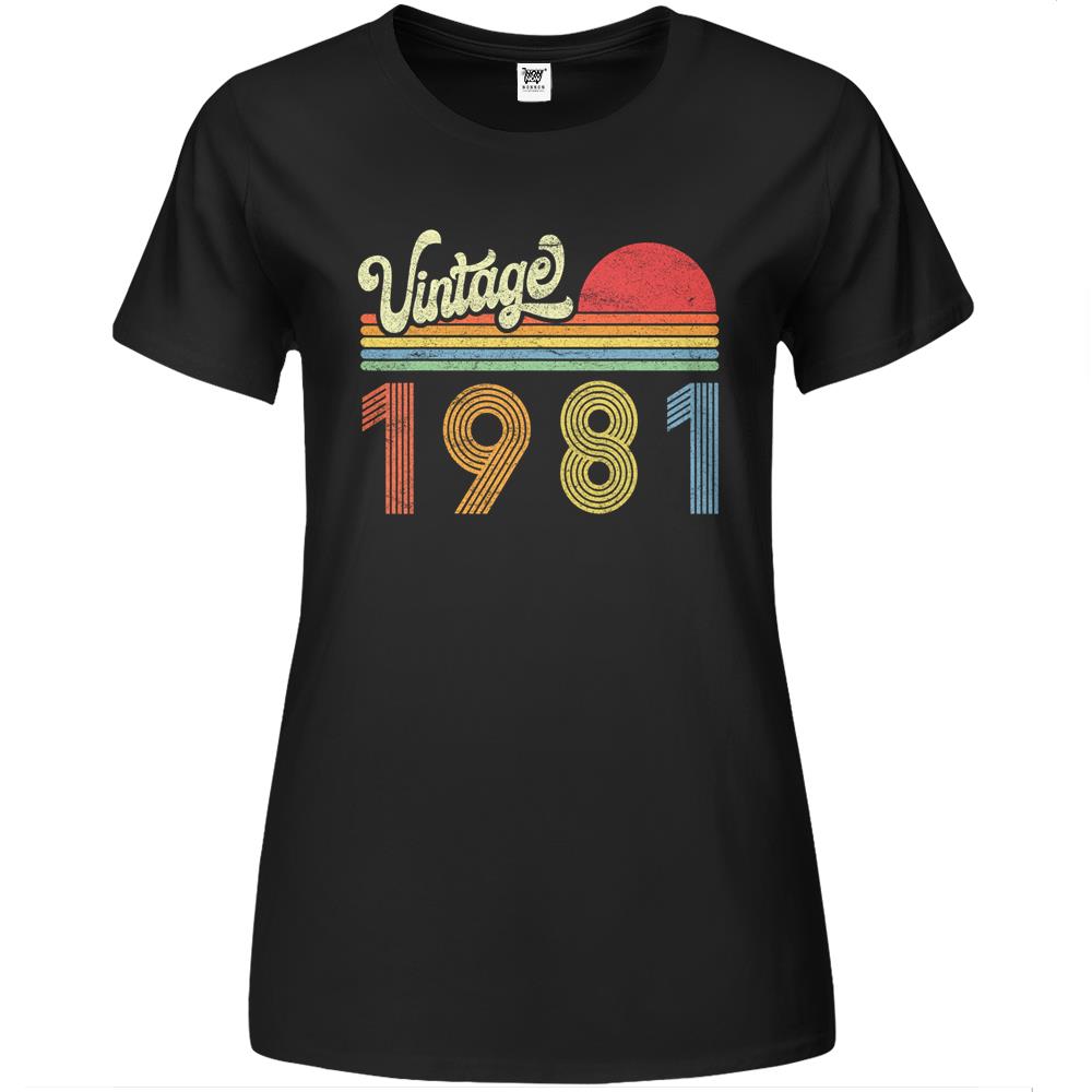 1981 Birthday Gift, Vintage Born Made 1981 Retro Sunset Premium Womens Tshirts