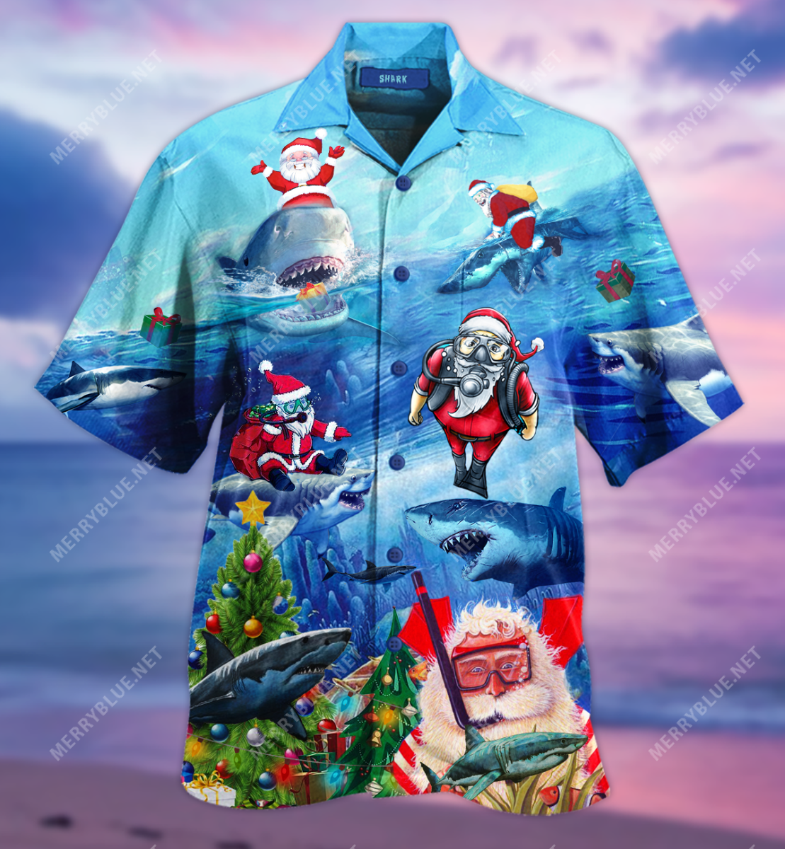 Sharks Carry Santa Claus Christmas Short Sleeve Shirt