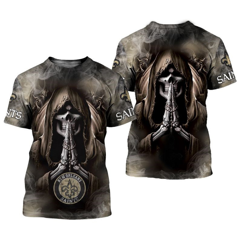 Men’S New Orleans Saints T Shirts Background Skull Smoke