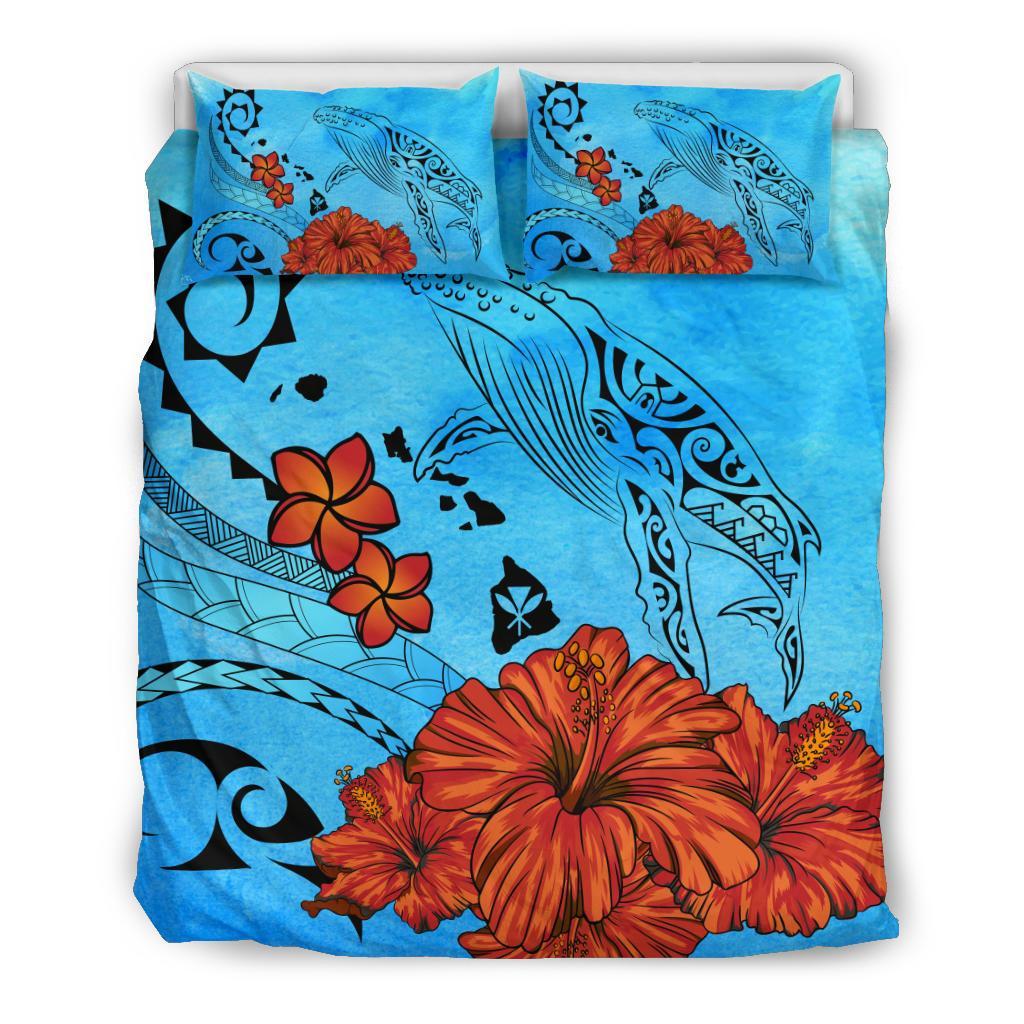 Hawaiian Map Kanaka Whale Hibiscus Plumeria Ocean Background Polynesian Bedding Set