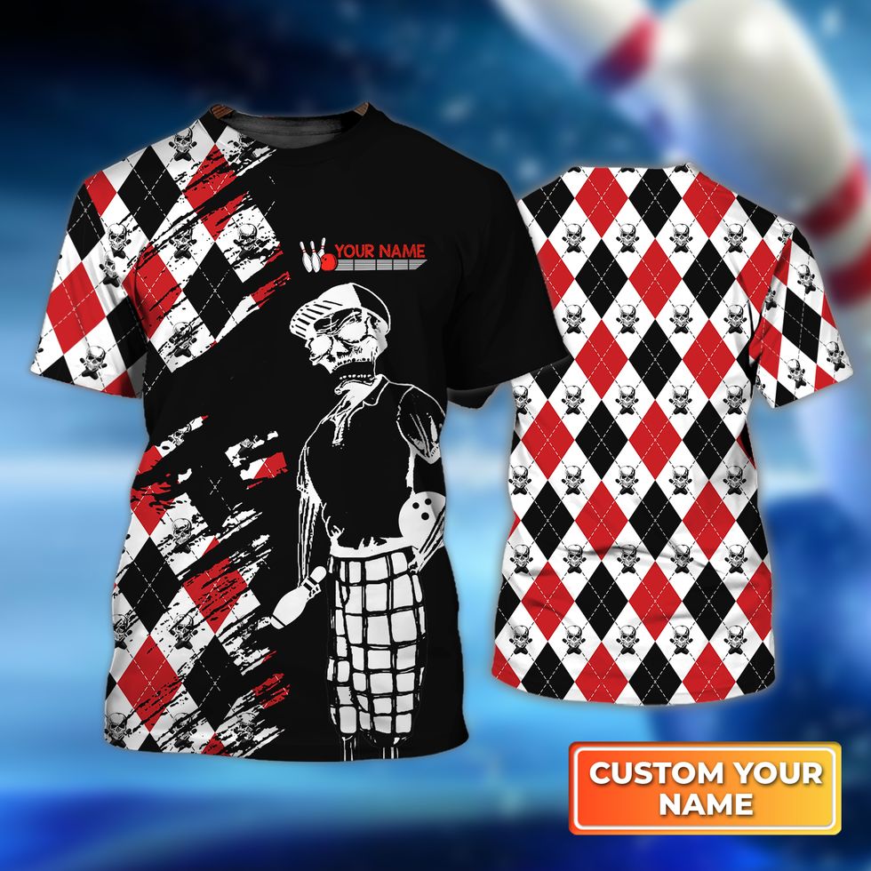 3D All Over Print Skull Bowling Shirt, Personalized Name Pattern Red And Black Shirt, Uniform Bowling Team