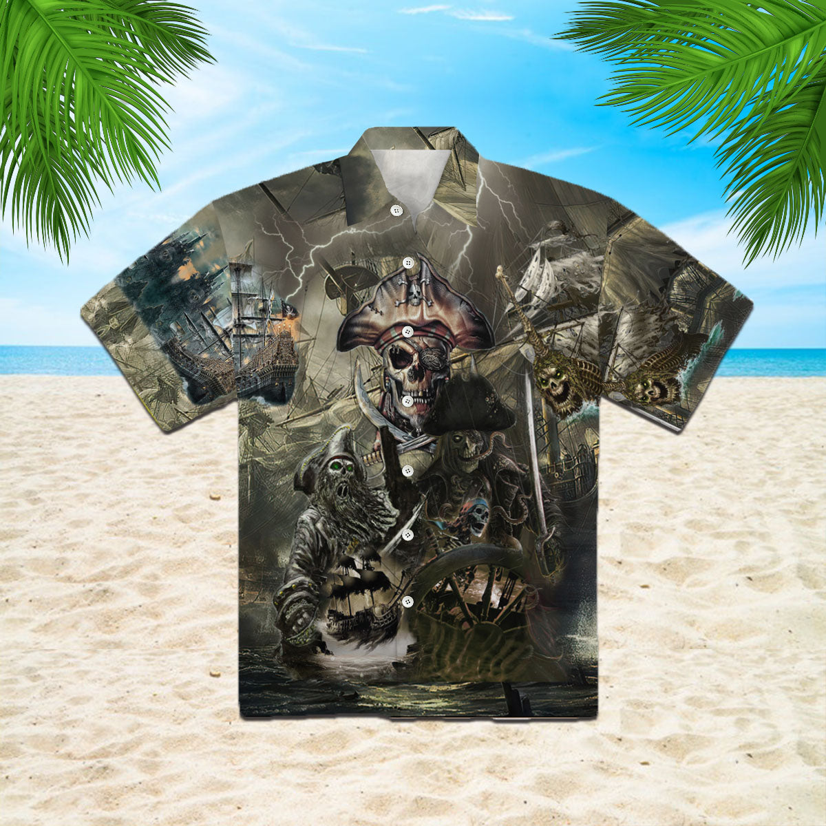 Oragontee Caribbean Skull Pirate Ghost Ship Halloween Hawaiian Shirt | For Men & Women | Adult | Wt1118