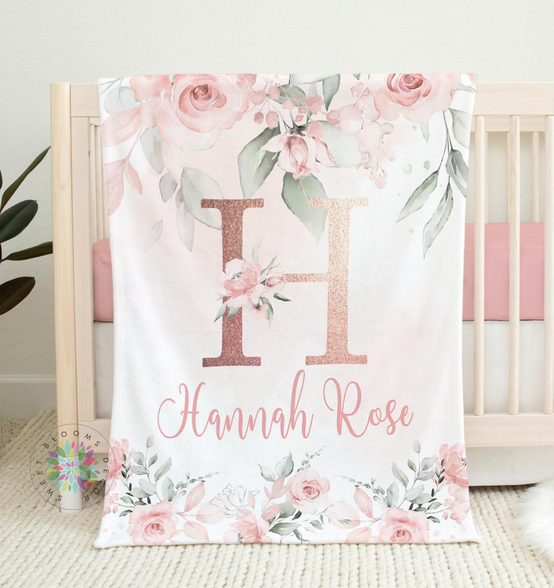 Blush Pink Floral Baby Blanket, Personalized Baby Blanket Gift, Pink Watercolor Flowers Rose Gold Personalized Blanket, Baby Shower Gift