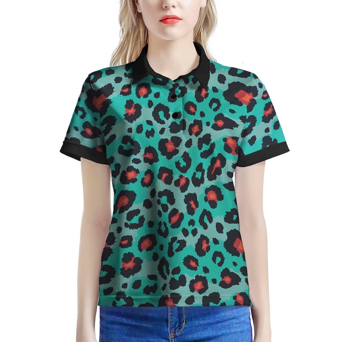 Teal Leopard Women’S Polo Shirt