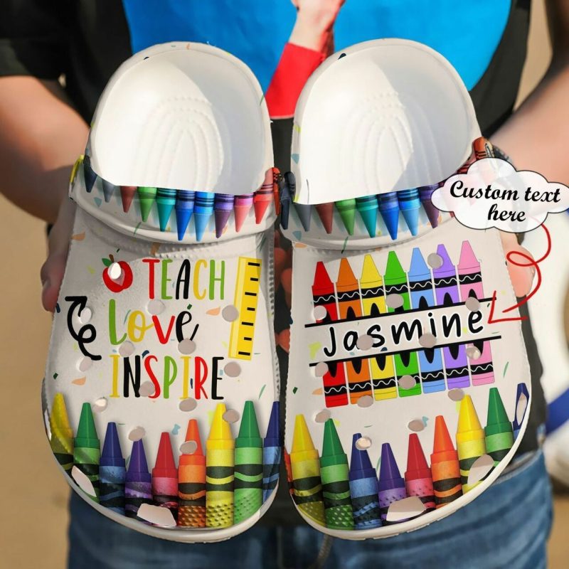 Teach Love Inspire Crayon Pencils Teacher Custom Name Crocband Clog Shoes For Men Women