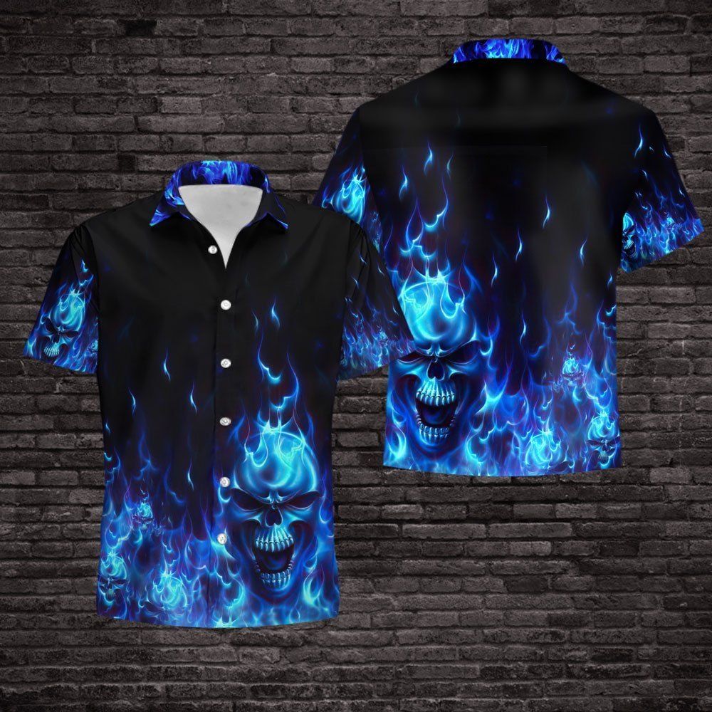 Buy Skull Flame Blue All Over Hawaii Shirt Ha60472