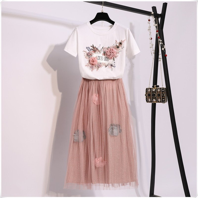 2020 Summer Women Set Flower Print Embroidery Short-sleeved Cotton T-shirt + Floral Appliques Mesh Skirt Two-piece Sets alx