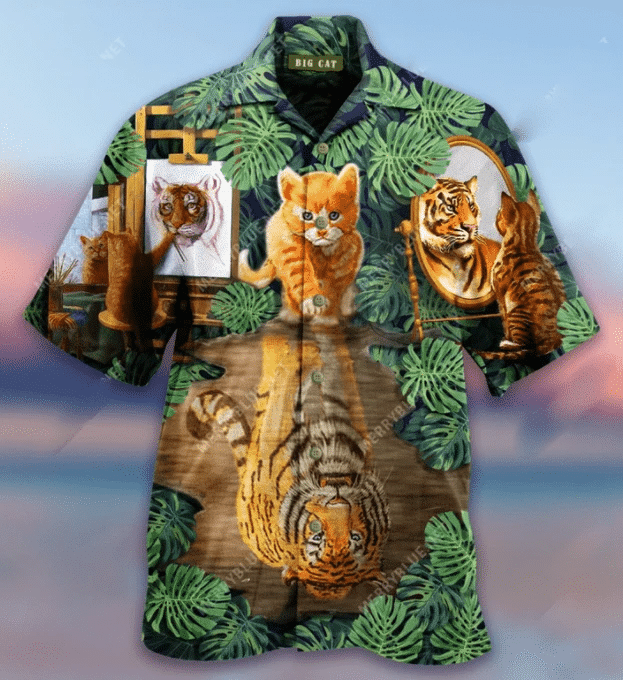 Cat See Tiger By Mirror Hawaiian Aloha Shirts Dh