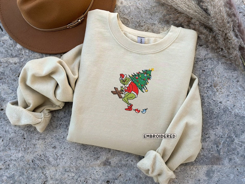 Funny Tree Christmas Embroidered Sweatshirt 2D Crewneck Sweatshirt All Over Print Sweatshirt For Women Sweatshirt For Men Sws4779