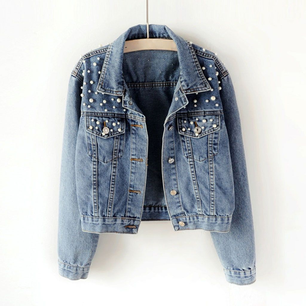 Vintage Pearls Beading  Long Sleeve Denim Jackets