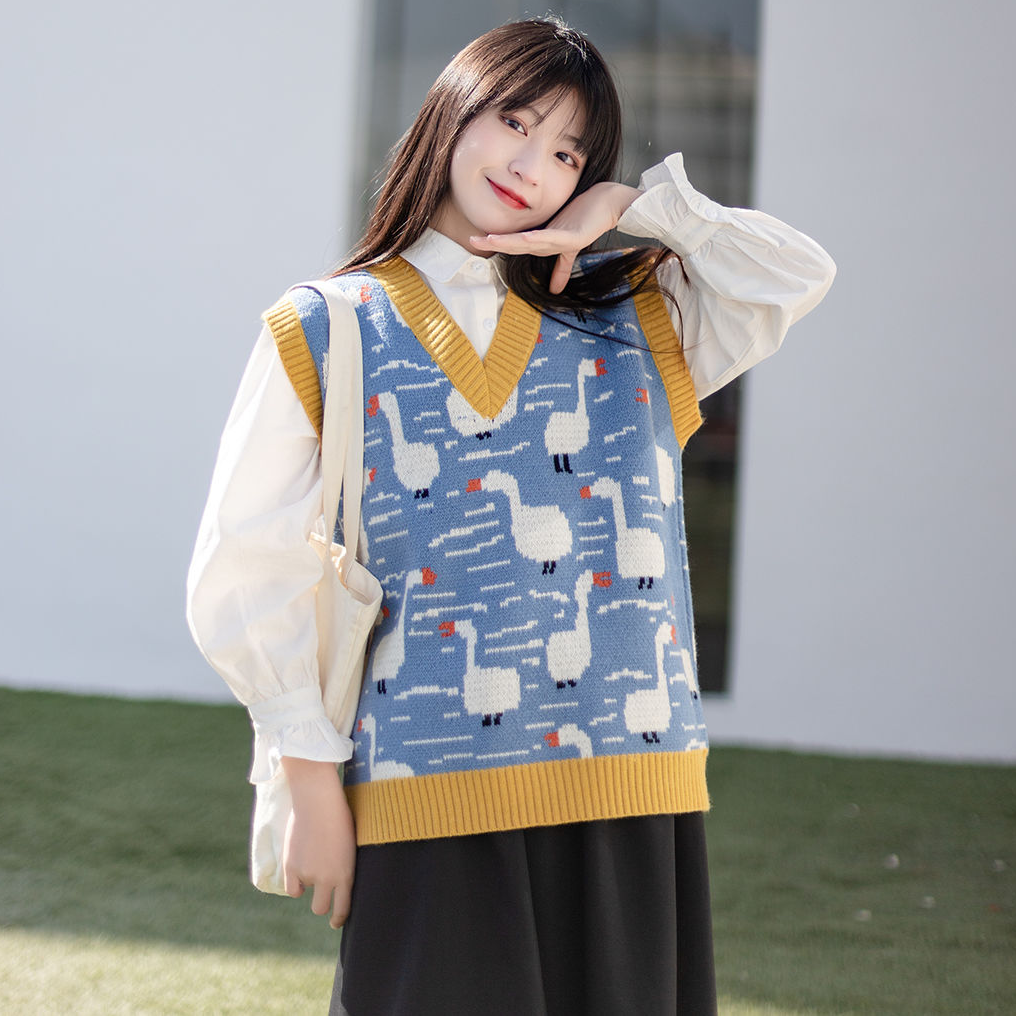 Cartoon Kawaii Sweater Vests Women Spring Sweet Vintage Loose V-neck Panelled Fashion Sleeveless Knitwear All-match Outerwear OL alx