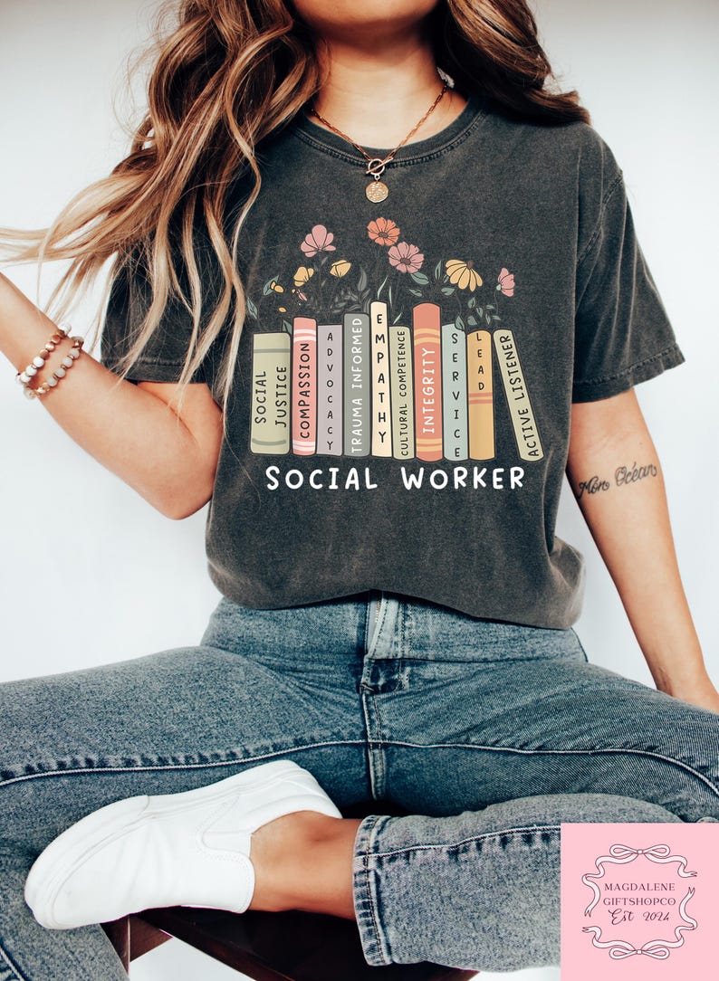 Floral Social Worker T-Shirt – Book Stack Design (DTF Print)