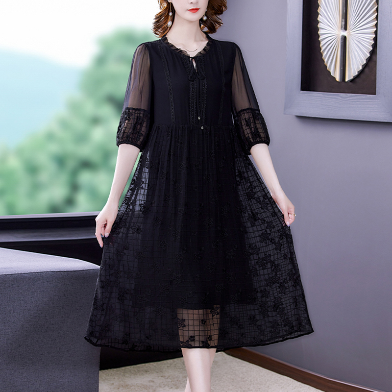 2022 Vinatge 5XL Dresses Black Natural Silk Embroidery Loose Midi Long Dress Summer Women Elegant Bodycon Party Evening Vestido alx