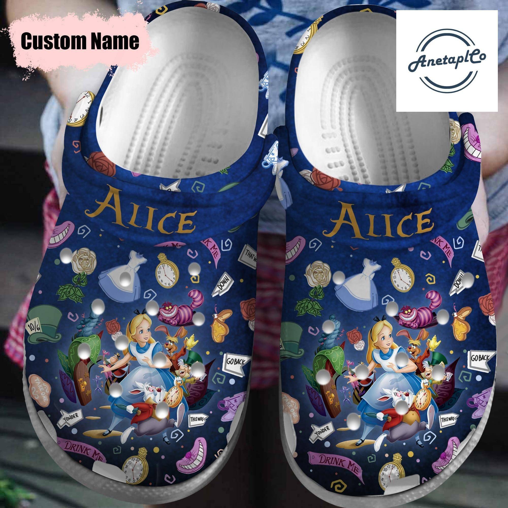 Alice Wonderland Custom Crocss Cheshire Cat Disney Sandals Movie Clogs Gift