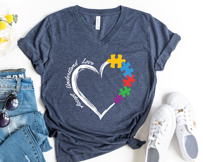 Autism V-Neck Shirt, Accept Understand Love Shirt, Autism Awareness T-Shirt, Puzzle Piece Shirt, Autism Teacher Shirt