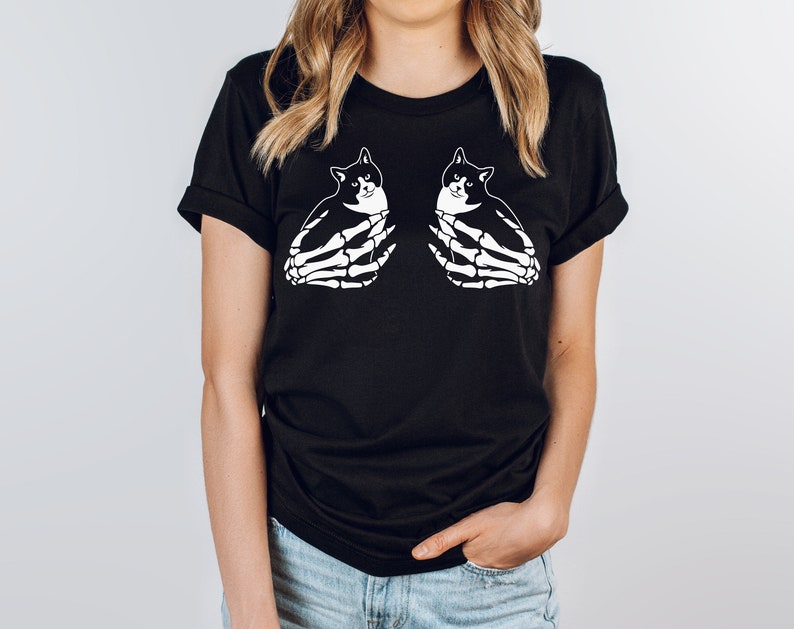 Skeleton Holding Cat Shirt, Skeleton Hands Holding Breast Shirt, Sarcastic Cat T Shirts For Women, Adult Humor Shirt, Silly Cat Shirt