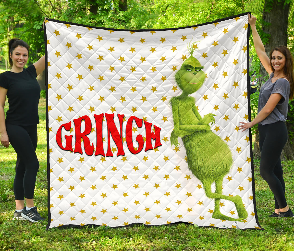 Christmas Premium Quilt | Grinch Smiling Stand Up Against Text Twinkle Stars Quilt Blanket Nt101102