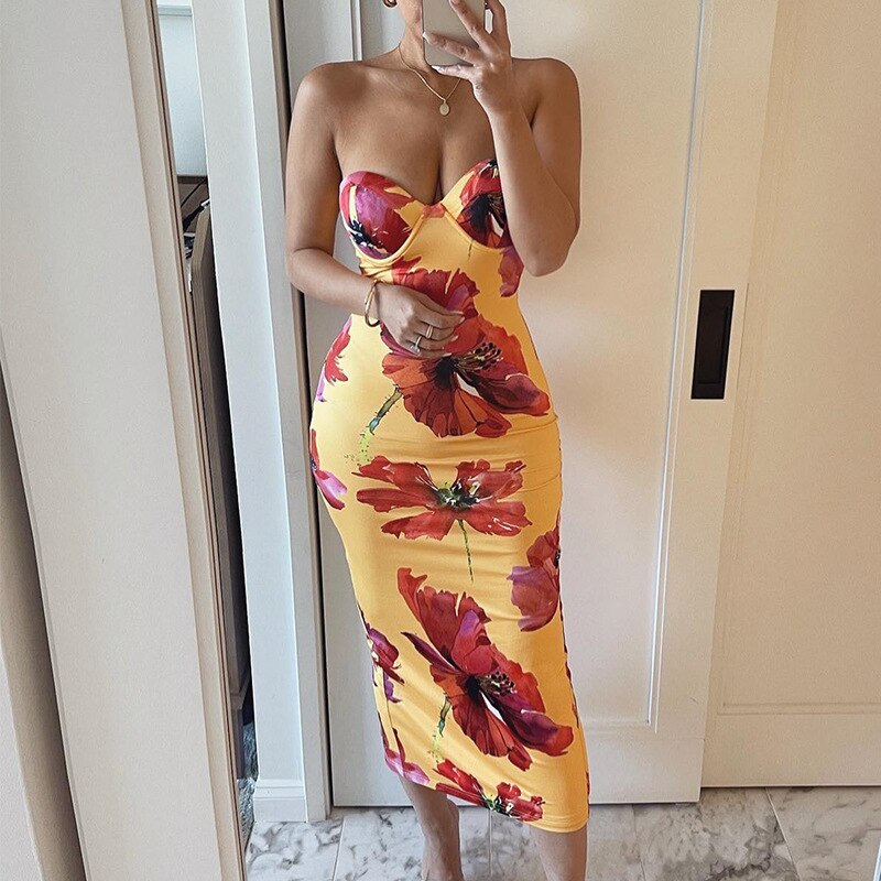 Strapless Dresses Woman Summer 2022 Sexy Slim Sleeveless Slash Neck Y2k Skirt Elegant Floral Print Vestidos Female Long Dress alx