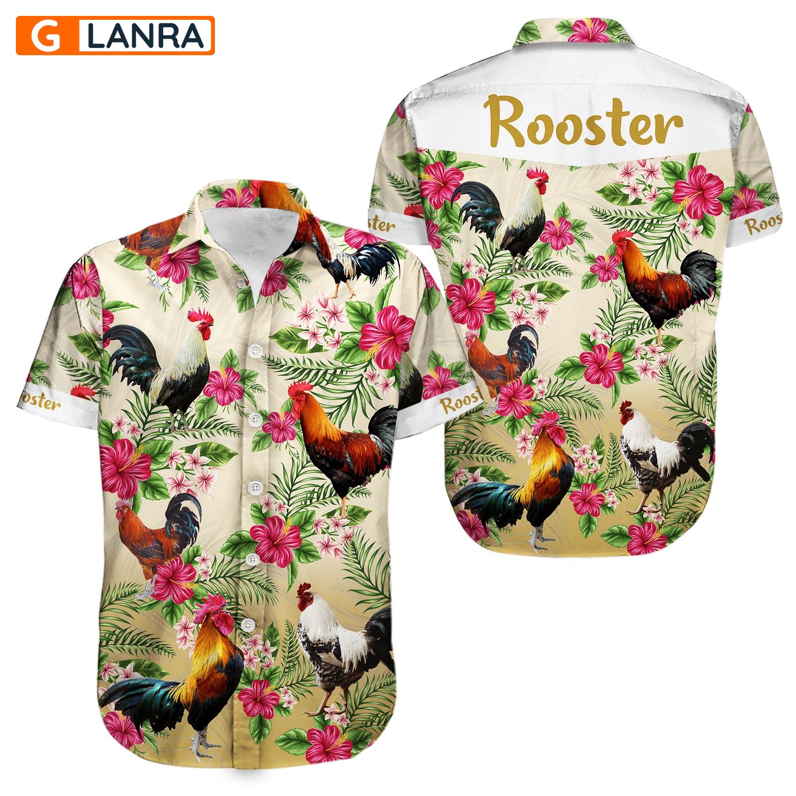 Rooster Button Shirt, Rooster Leaves Flower Button Shirt, Rooster Farm Button Shirt, Summer Rooster Hawaiian Shirt, Summer Tropical Shirt