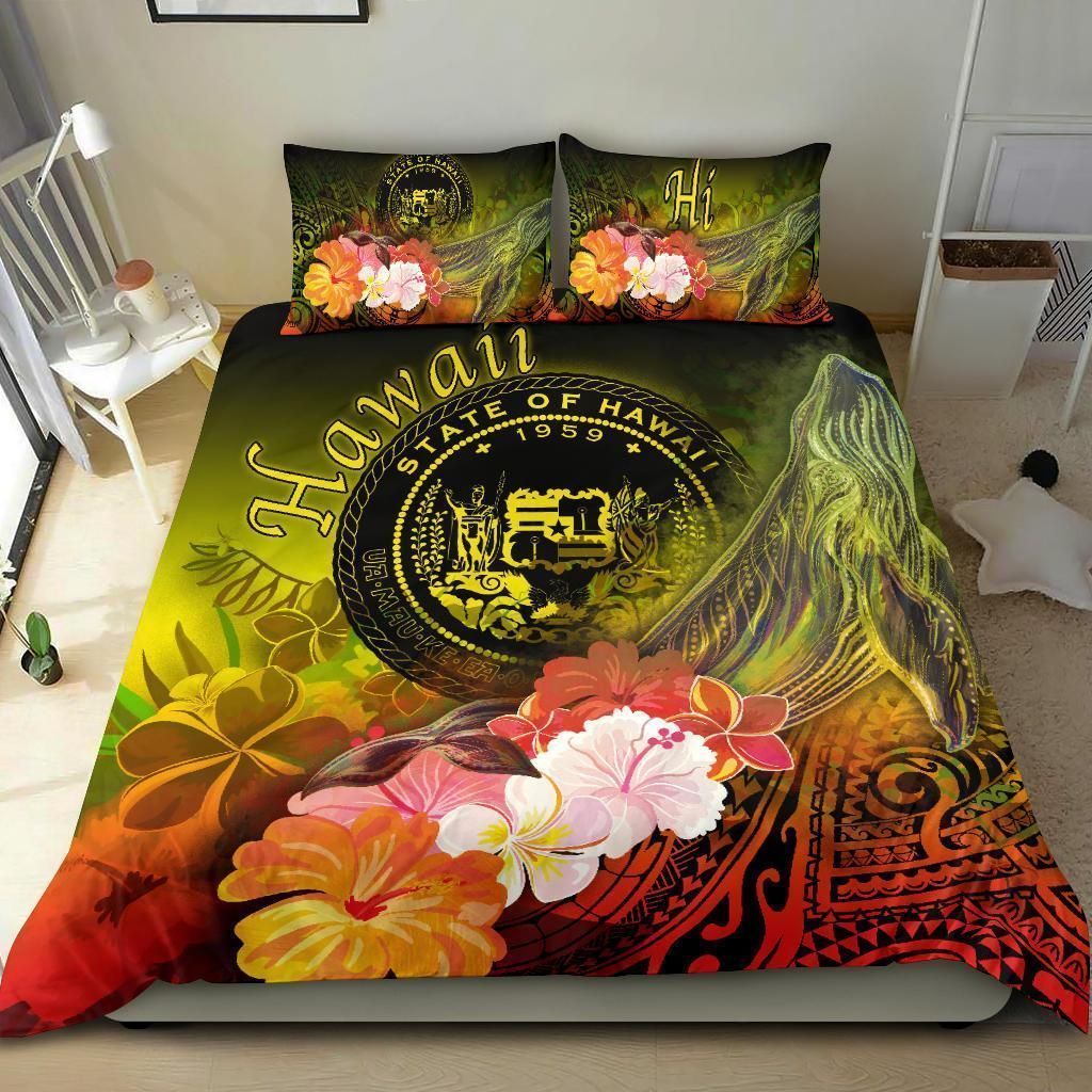 Alohawaii Bedding Set – Cover And Pillow Cases Polynesian Hawaii – Humpback Whale With Tropical Flowers (Yellow)- Bn18