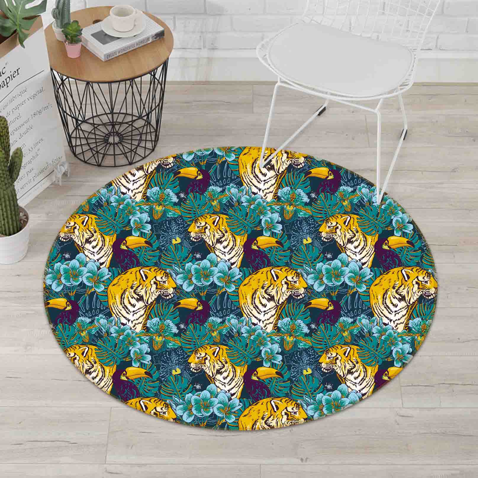 3D Hand Drawn Animal Tiger Green Leaf Non-Slip Round Rug Mat 94